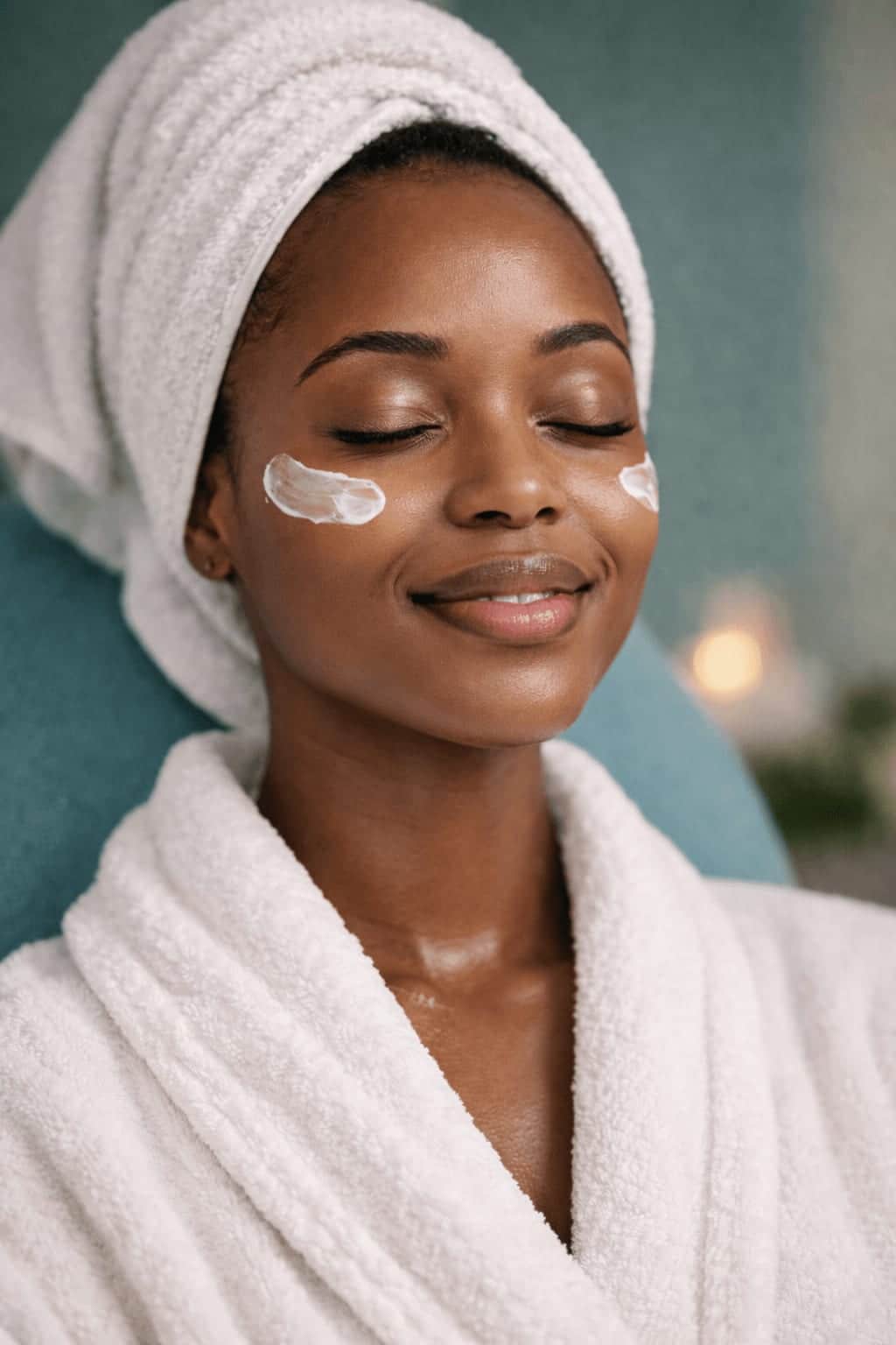 A client with deep brown skin in a white robe and head towel, eyes closed, a cream mask on her cheeks.