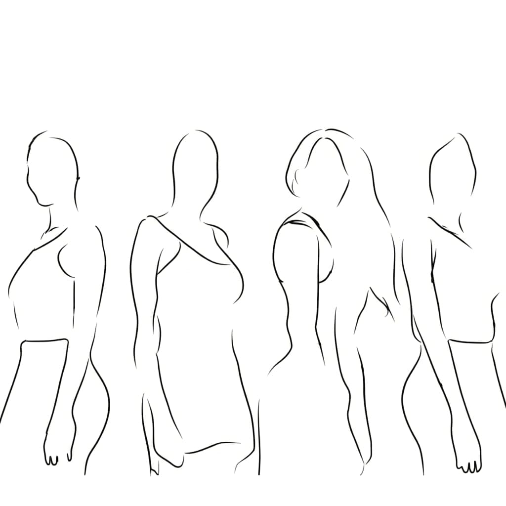 Line drawing of four women’s figures standing side by side.