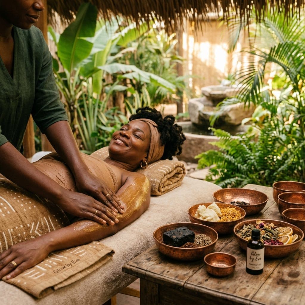 A client with brown skin receiving a body treatment, bowls of scrub beside the couch.