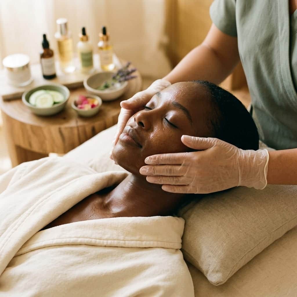 An esthetician in gloves massaging the face of a client with deep brown skin lying on a treatment couch.