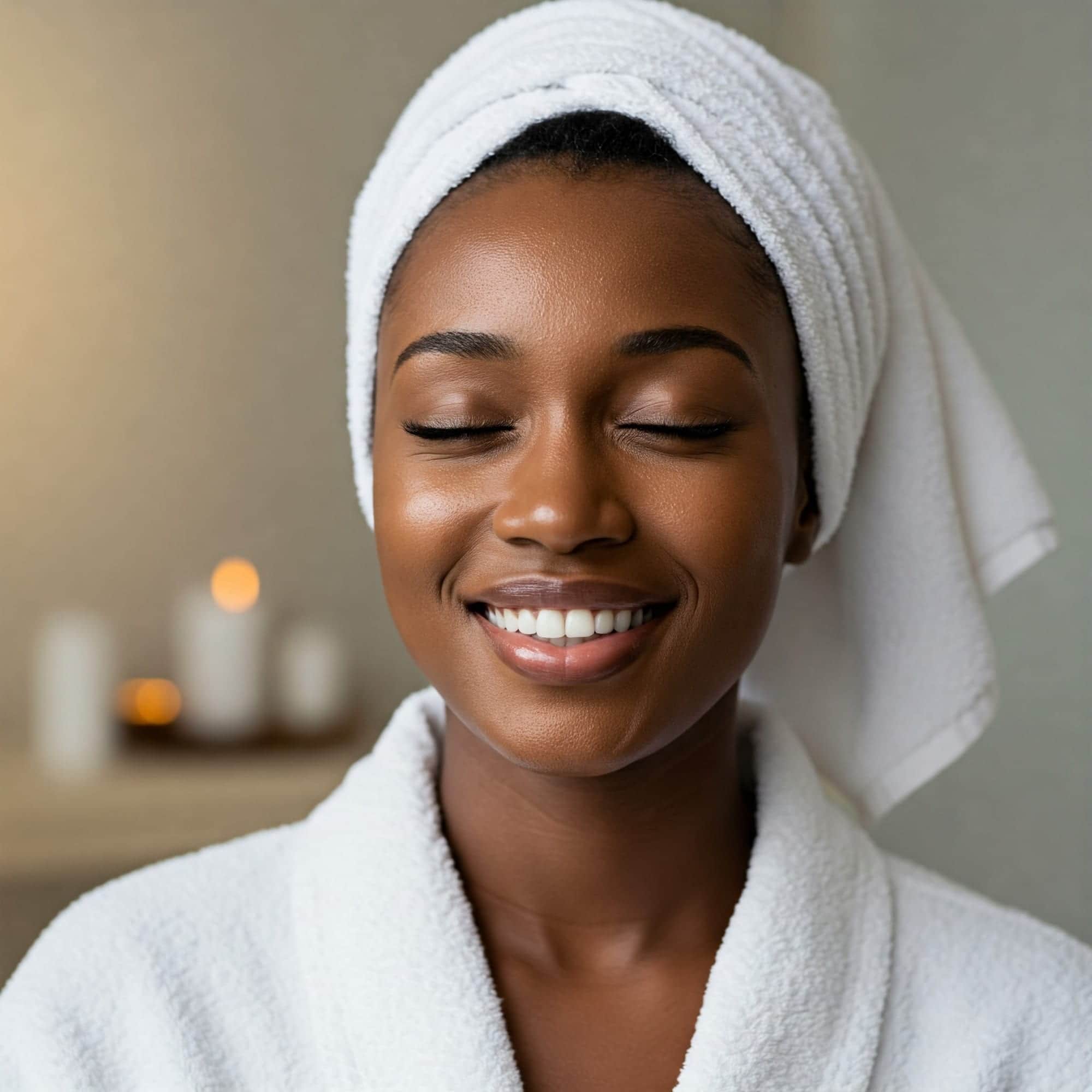 A client with deep brown skin in a white robe and head towel, smiling with her eyes closed.