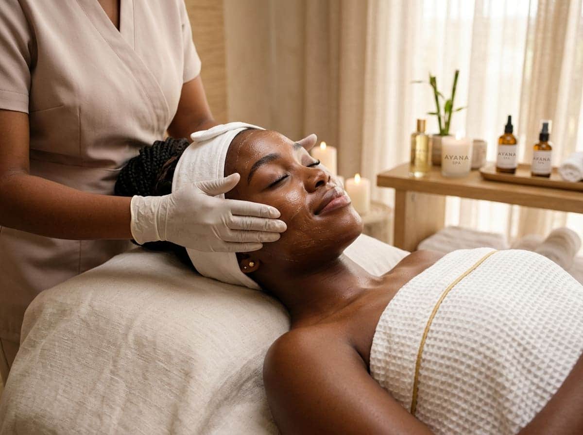 An esthetician in gloves working on the face of a client with deep brown skin, her hair wrapped in a towel.