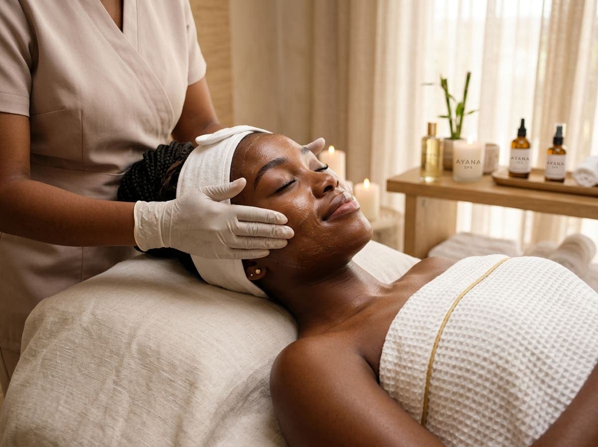 An esthetician in gloves working on the face of a client with deep brown skin, her hair wrapped in a towel.