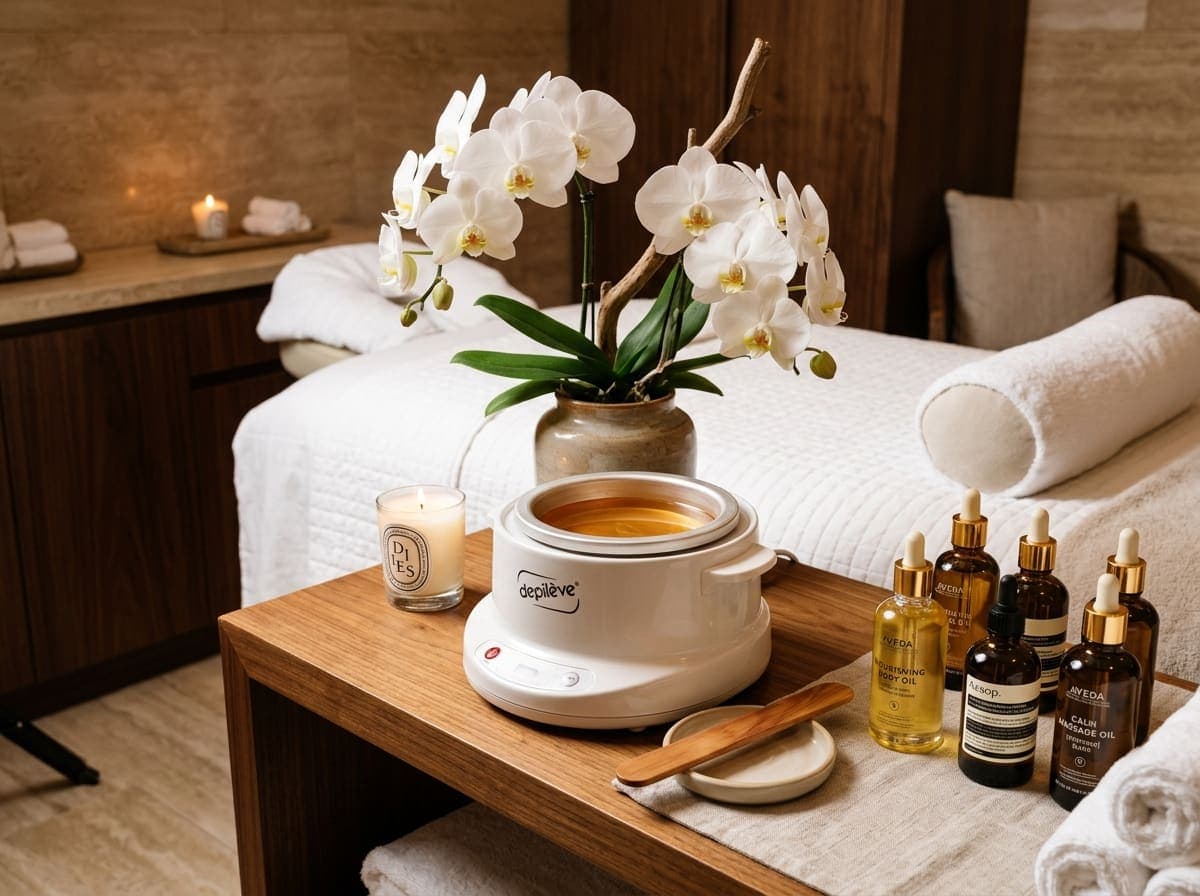 A waxing station laid out with warm wax, oils and fresh towels.