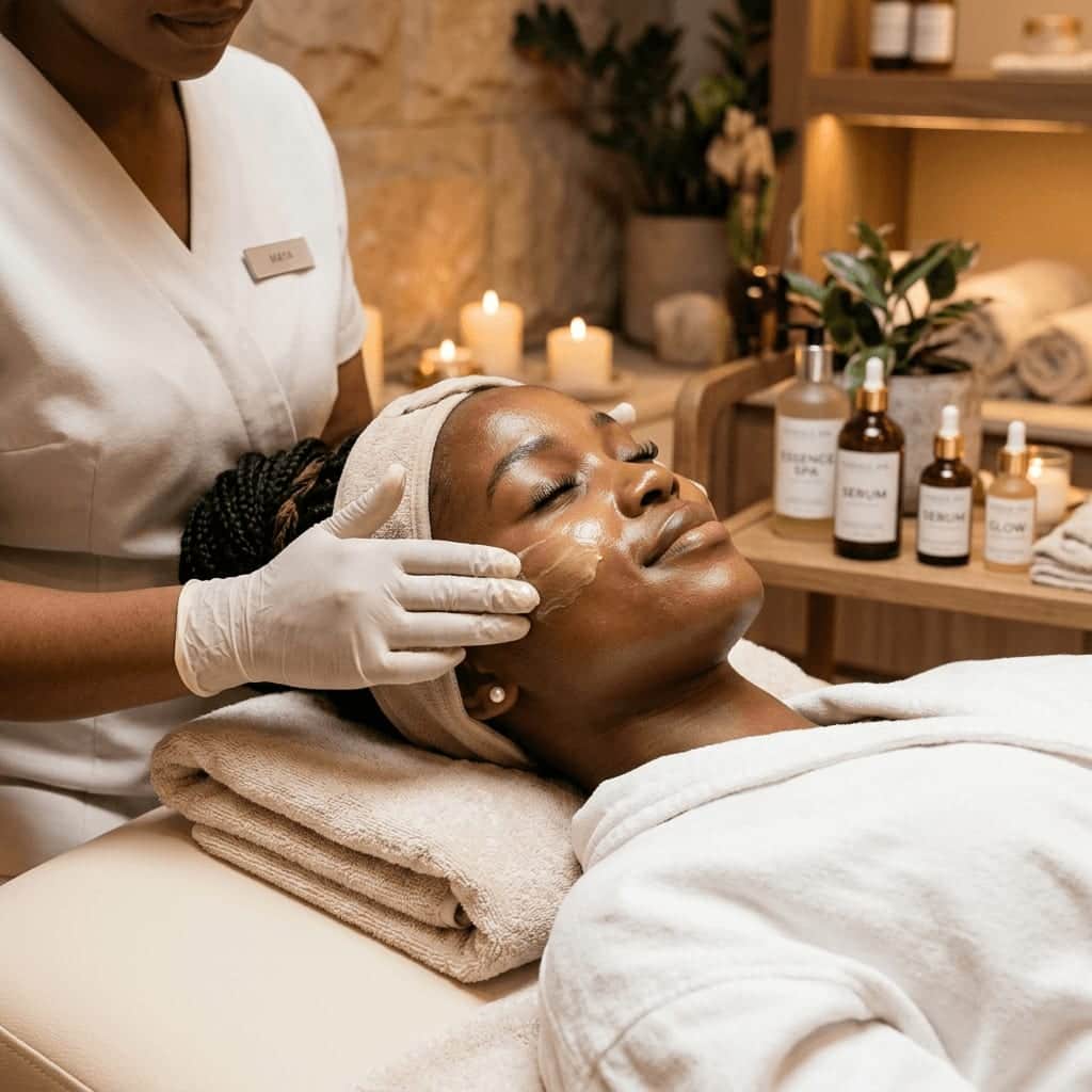 An esthetician applying a treatment to the face of a client with deep brown skin.